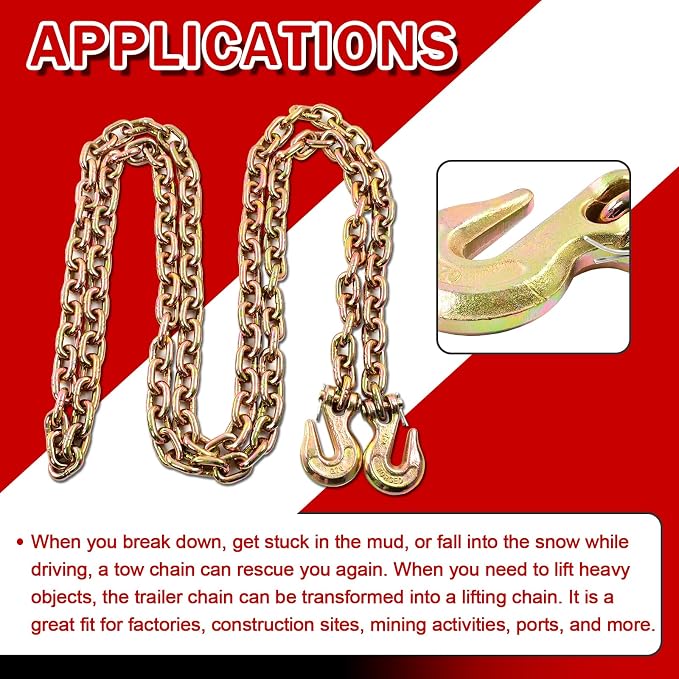 Heavy Duty G80 Transport Binder Chain 1/2'' Inch x 16 Feet,Tow Chain with G70 Clevis Grab Hooks,12000 lbs Safe Working Load Logging for Transporting, Towing(1/2'' x 16FT Yellow).