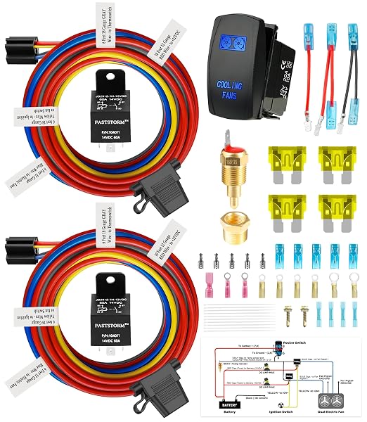 12V Dual Electric Fan Waterproof Relay Kit with Cooling Fans Rocker Switch with Jumper Wires Set 185 On 175 Off Temperature Sensor Switch for Cars Trucks RVs