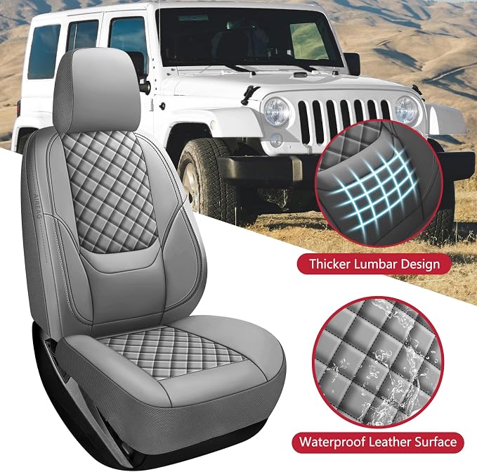 Wrangler Seat Covers 2007-2017 Front Pair, Waterproof Leather Interior Sets with Lumbar Support Custom Fit for Jeep Wrangler JK 2/4 Door Unlimited Sahara/Sport/Rubicon X 392 Willys, Gray