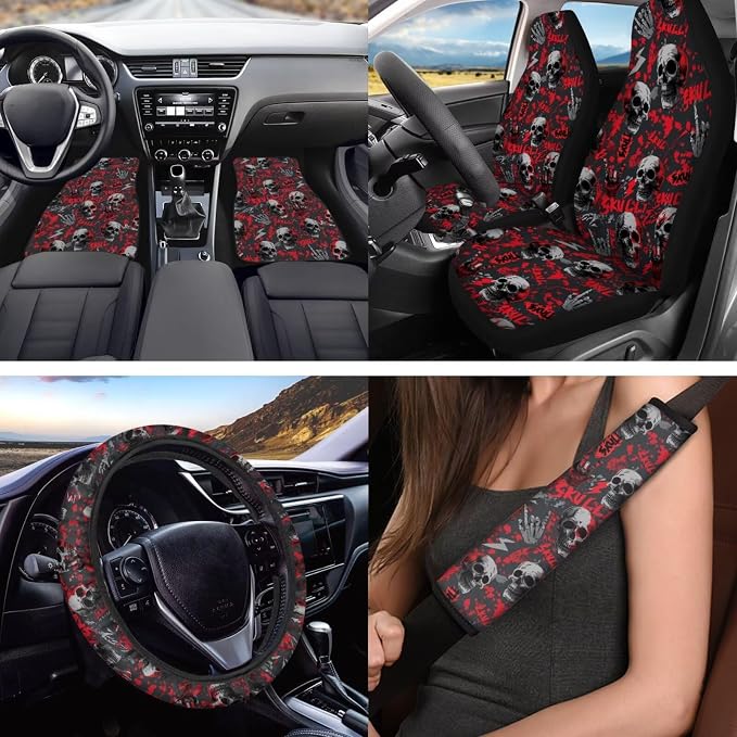 Halloween Skull Prints Car Seat Covers Full Set with Steering Wheel Cover Floor Mats Armrest Cover Seat Belt Pads Roof Handle Wraps Cup Coaster Keychains 18 Pcs Auto Interior Accessories