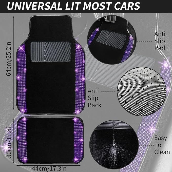 NBTEPEM Purple Violet Bling Car Floor Mats Full Set, Universal Fit Most Cars,SUV, Trucks, 4 pcs Sparkle Glitter Diamond Carpet for Women Girls with Anti-Slip Pad (Purple Violet Diamond)