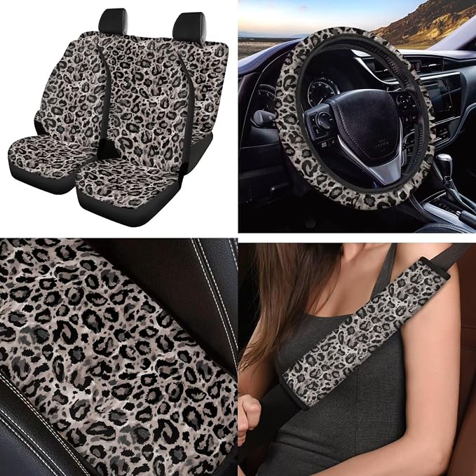Gray Leopard Print 12 Pack Car Seat Covers Full Set with Steering Wheel Accessories Car Seat Belt Cover Arm Rest Cover Car Cup Coasters Universal Fit for Most Cars,SUVs