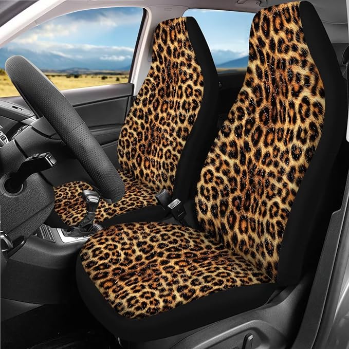18 Pcs Car Seat Covers Full Sets Leopard Print Car Interior Accessories Sets with Cheetah Car Seat Belt Pads Cover Car Headrest Covers Auto Trash Bag Steering Wheel Cover,Easy to Install