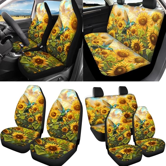 Hummingbird Sunflower Automotive Seat Covers for Women,Yellow Flower Steering Wheel Cover Seat Belt Pad Armrest Pads Car Coasters,12Pcs Hummingbird Car Accessory Protector