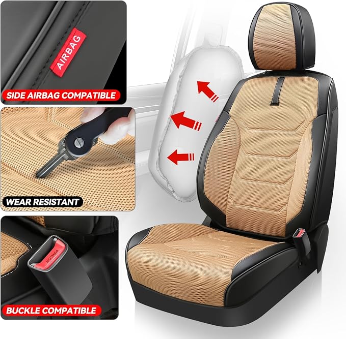 Auto Dynasty Car Seat Covers Full Set, Anti-Slip Automotive Interior Covers with Storage Pocket, Breathable Car Seat Protectors, Airbag Compatible, Universal Fit Most Vehicles, Beige (Sport Series)
