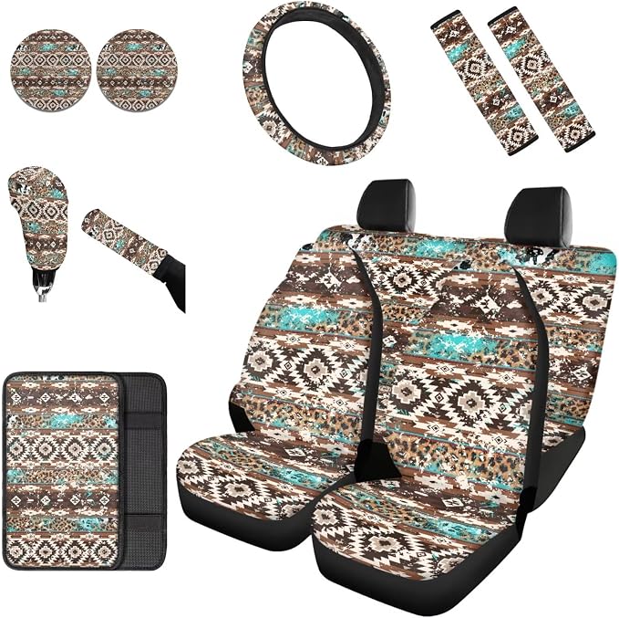 Dreaweet Aztec Brown Cow Seat Covers for Cars Full Set 12 Pcs Universal Car Accessories with Steering Wheel Cover/Armrest Cover/Seat Belt Pads/Coasters/Gear Shift Cover/Handbrake Cover,Universal Fit