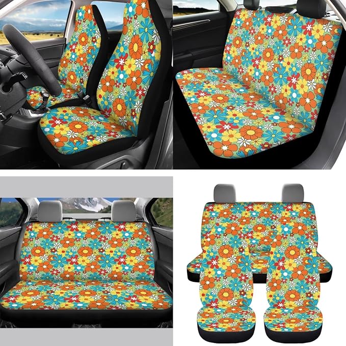 Hippie Floral Car Seat Cover Protector 15 PCS Set, with Steering Wheel Rearview Mirror Cover Seat Belt Pad Garbage Bag Coasters Key Chain Fit Most Vehicles