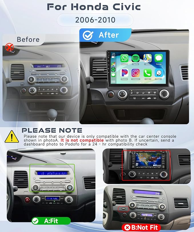 4G+64G Radio for Honda Civic 2006 2007 2008 2009 2010 2011 Car Stereo, Wireless CarPlay Android Auto 10.1 Inch IPS Touch Screen Android 13 GPS WiFi Bluetooth DSP Audio HD Backup Camera