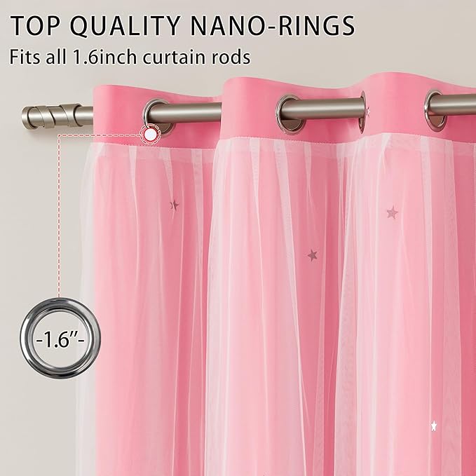 XiDi Pink Curtains for Girls Bedroom 80% Blackout Double Layer Curtains with Sheer Overlay for Nursery Kids Room Star Pink Drapes with Tiebacks Grommet Window Treatment 2 Panels W34 X L72