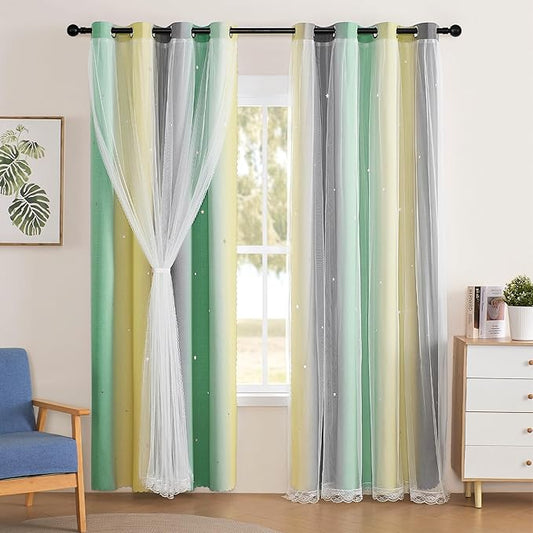 XiDi Grey Green Yellow Curtains for Girls Bedroom Decor Kids Blackout Curtains for Nursery Room Darkening Rainbow Princess Unicorn Wall Decals Little Girl 52x54 Inches Long 2 Panels Set