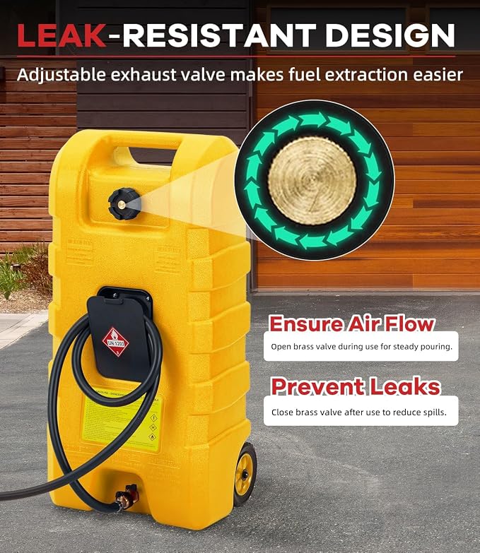 Garvee Heavy Duty 15 Gallon Gas Can Yellow, Fuel Caddy with Manual Fuel Transfer Pump, Portable Fuel Tank on Wheels with 10 ft Hose for Lawn Mowers, Cars, Boats, UTVs, Home and Farm Use