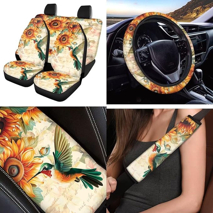 Sunflower Hummingbird 12 Pcs Car Seat Covers Full Set with Steering Wheel Cover,Seat Belt Covers Cup Holder Center Console with Keychain Universal Fit for Cars SUV