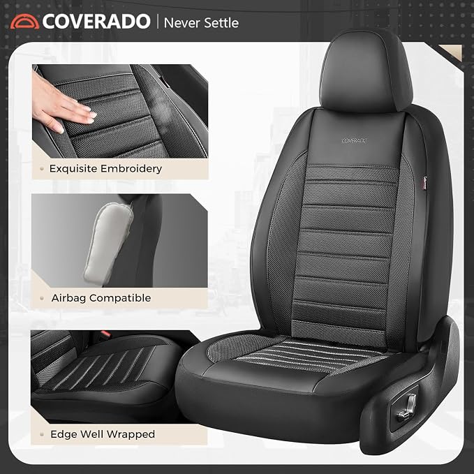 Coverado Car Seat Covers Front Seats Luxury Leather Automotive Mesh 2 Pack Airbag-Compatible Universal Fit Seat Protector Seat Cushion for SUV Sedan Truck Black