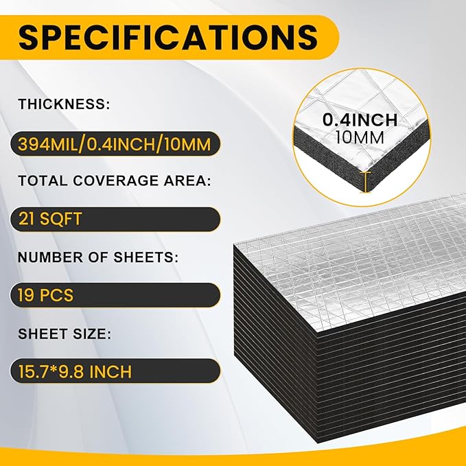 VOISEN Sound Deading Material for Cars,394 mil(10mm) 21 sqft Sound Deadening,Aluminum foil Foam Automotive Sound Deadener,Noise Insulation and Vibration Dampening Material 19 Pcs