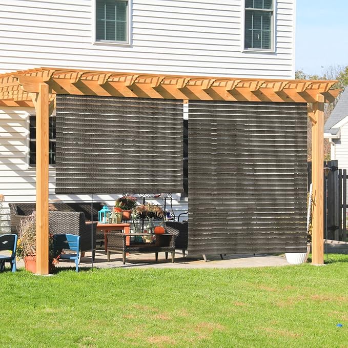 Coarbor Outdoor Roll up Shades Blinds for Pergola Porch Balcony Deck Roller Shade Screen 4'W x 7'L Hollow Out Brown