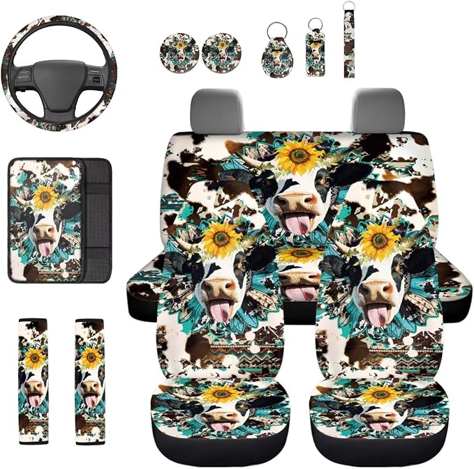 Funny Cow 13 Pcs Car Seat Covers with Steering Wheel Cover,Seat Belt Covers Cup Holder with Keychain Novelty Automotive Protector Set Universal Fit Automotive Most Cars