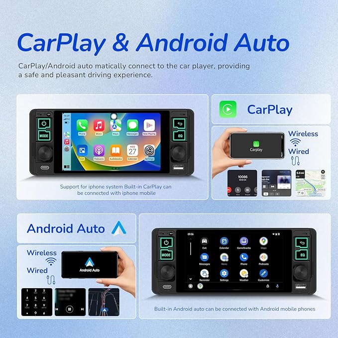 Single Din Radio Car Stereo with Wireless and Wired CarPlay & Android Auto 5.1" with Bluetooth 5.2 Car Audio Receiver AM&FM, EQ, TF, AUX＆USB, Fast Charging, AHD Backup Camera MIC