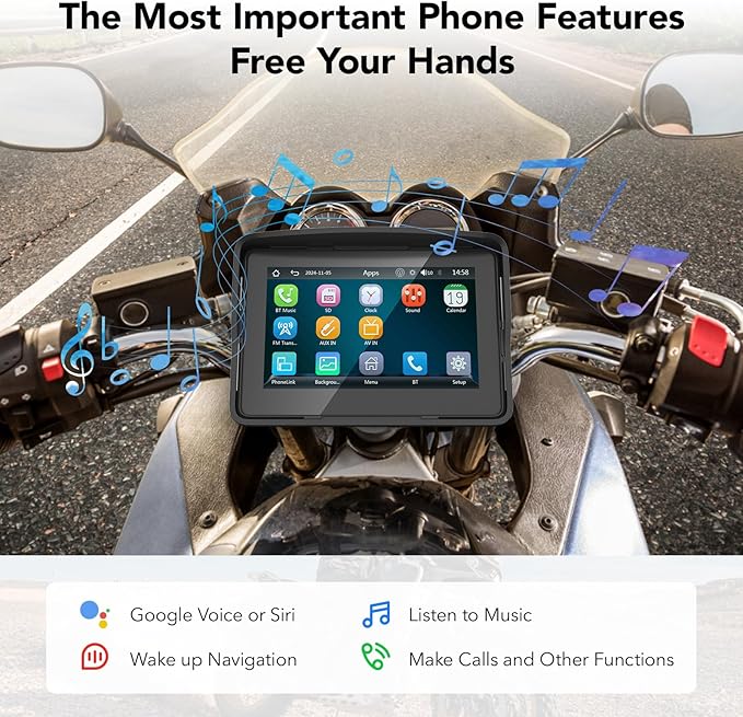 YZW Portable Wireless Motorcycle Apple Carplay & Android Auto, Motorcycle Carplay IP67 Waterproof GPS Navigation System, 5" Motorbike Touchscreen, Support Dual Bluetooth, EQ, Siri/Google Assistant
