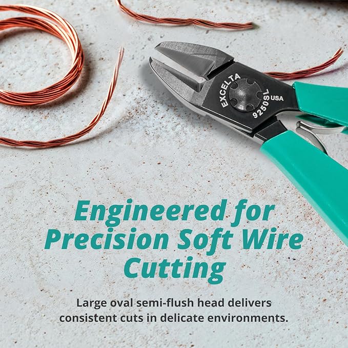 Excelta 9250SL Semi-Flush Cutter, Large Oval Head, CNC Carbon Steel Blades, Anti-Static Ergonomic Handle, Slim Line Design for Precision Soft Wire Cutting in ESD-Sensitive Workspaces, Made in USA