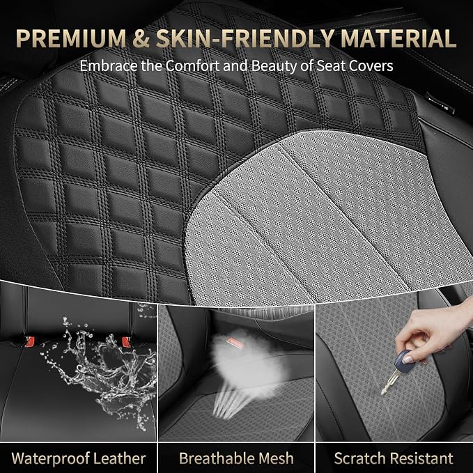 FLORICH Car Seat Covers Full Set Leather & Mesh Seat Cover 5 Seats Front and Back Car Interior Covers Automotive Seat Comfort Protection Accessories Universal Fit for Most Car SUV Truck, Gray&Black