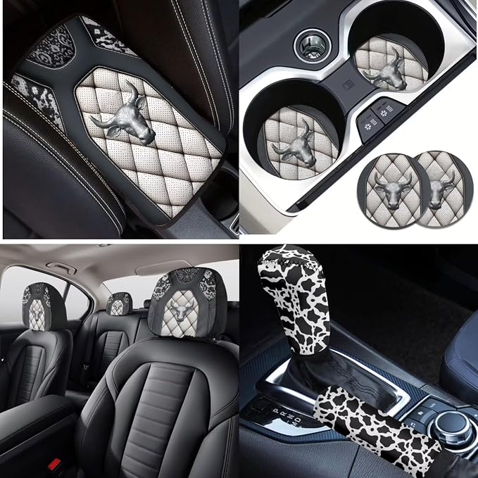Lotusorchid Cow Print Seat Covers for Cars Full Set of 16, Washable Front and Rear Split Bench Seat Cover and Steering Wheel Cover, Decorative Automobile Interior Set for Men Women
