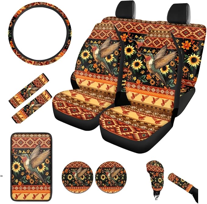 BIGCARJOB 12 Pcs Sunflower Car Seat Covers Full Set for Women Interior Accessories Auto Seat Protector Set Tribal Hummingbird Print Armrest Cushion,Seat Belt Pads,Steering Wheel Covers