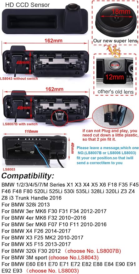 HD 1280x720 Pixels Night Vision Car Trunk Handle Rear View Backup Camera Replacement for BMW 1/2/3/4/5/7/M Series X1 X3 X4 X5 X6 F18 F35 F45 F46 F48 F80 (NO.LS8007B=162 * 48mm with Switch Button)