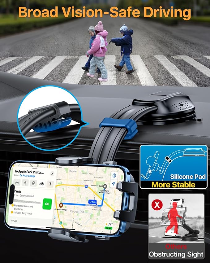 HTU Upgraded Strongest Suction Car Phone Holder Bendable Arm, Never Block View Rotatable Cellphone Mount for Dashboard Windshield Vent, Cradle Stand for iPhone 17 16 15 14 13 12 Pro Max (Rose Purple)