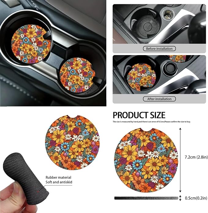 Hippie Flower Orange Pattern 15Pcs Car Seat Cover Full Set Car Steering Wheel Cover Seat Belt Cover Trash Bin Air Vent Storage Box Front Rear View Mirror Car Cup Holder Keychain