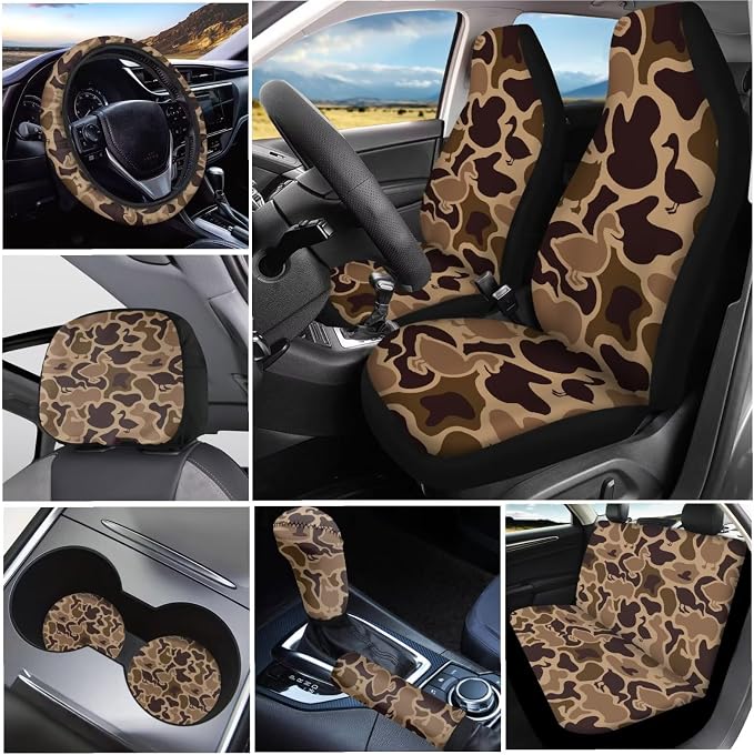 KEIAHUAN Duck Camo Hunting 11 Piece Car Seat Covers Full Set for Men Steering Wheel Cover Car Coasters Handbrake and Gear Shift Knob Cover/Headrest Cover for Sedan Truck Van
