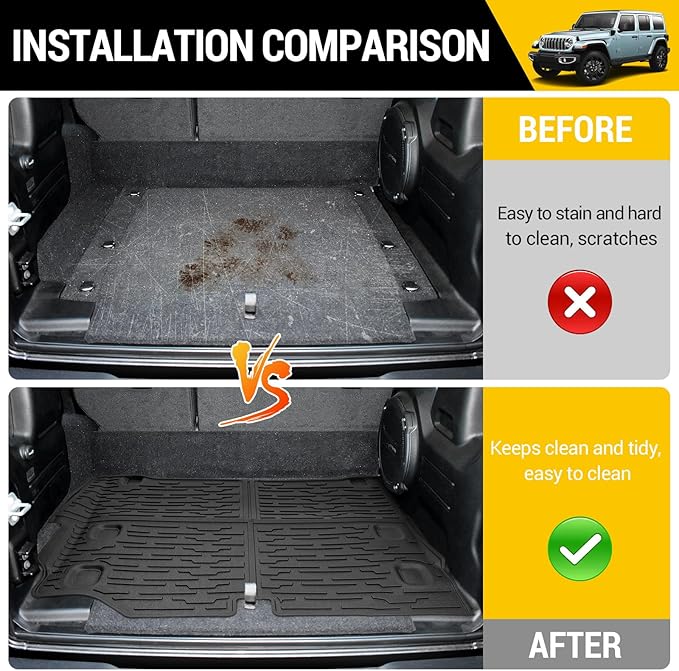 Trunk Mat with Net for 2021-2025 Jeep Wrangler JL Unlimited 4XE Accessories All Weather Protection Rear Trunk Liner Cargo Net for 21-25 JL JLU 4XE 4 Door(Not for 4X4)