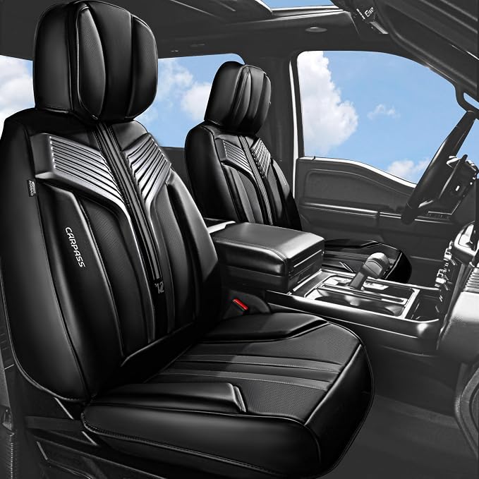 CAR PASS Nappa Leather Car Seat Covers Front Seats, Luxury Cushioned Front Seat Covers, Waterproof Drive Seats Anti-Slip Full Coverage Universal Fit for SUV Truck Sedan Automotive Black (2pcs, Black)