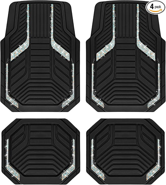 PIC AUTO Car Floor Mats, Leopard Sparkly Crystal Bling Glitter Car Mats Set, Front and Rear Heavy Duty Rubber Car Mats with Anti-Slip Backing, All Weather, Trim-to-Fit for Automotive SUVs, Sedan, Vans