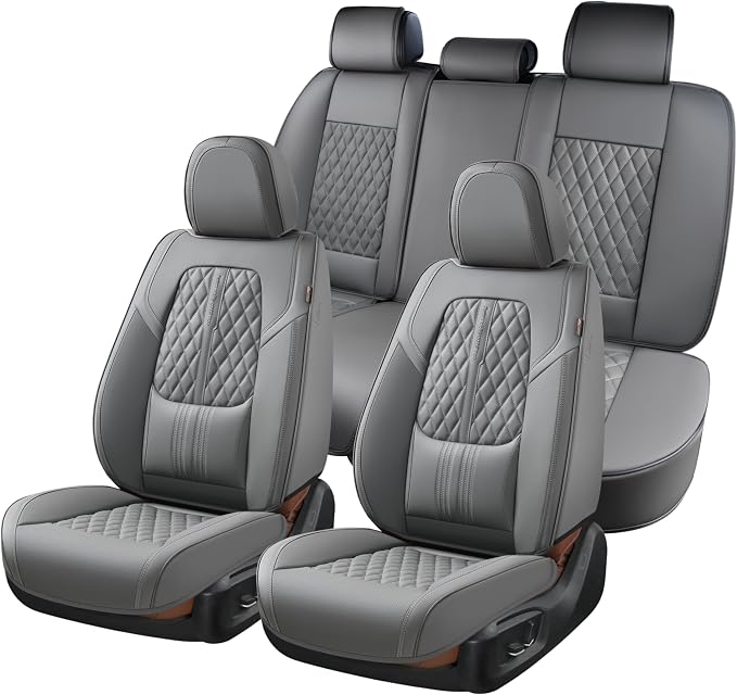 Coverado Car Seat Covers Full Set, Automotive Front and Rear Seat Covers with Backrest, Nappa Leather Car Seat Protectors Waterproof, Universal for Most Vehicles,Gray