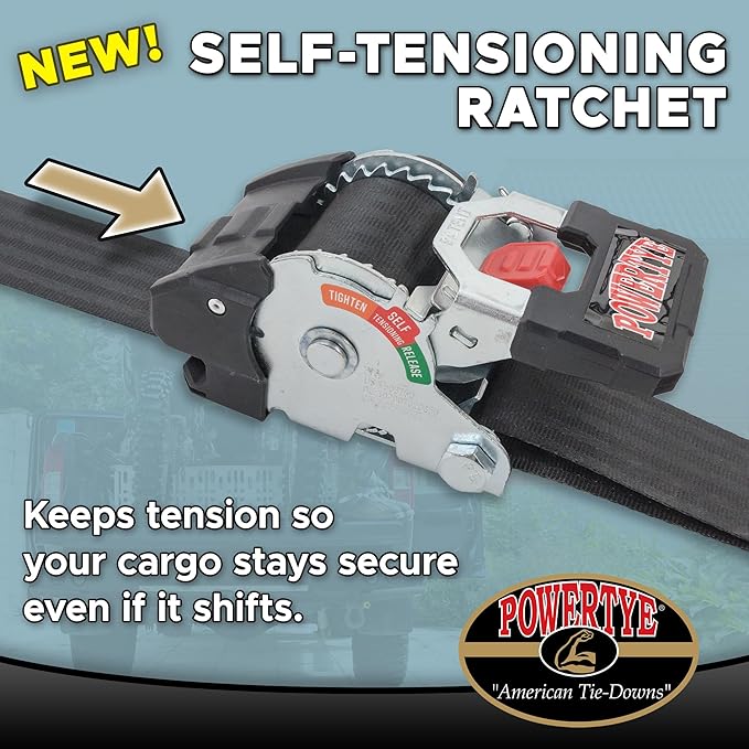 PowerTye *New* 2 inch x 10ft Long Retractable Ratchet Tie Down Strap with S-Hooks - Self-Retracting Ratchet, 800 lb W.L.L., Ideal for Motorcycle, ATV, Cargo, Includes Storage Bag, Black (Pair)