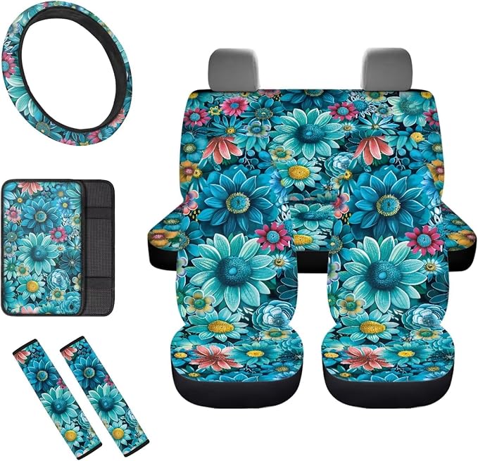 8 Pcs Novelty Flower Car Seat Covers Full Set Car Accessories for Women Front Seat Cover Steering Wheel Armrest Cover Seat Belt Cover for Auto SUV Interior Decoration