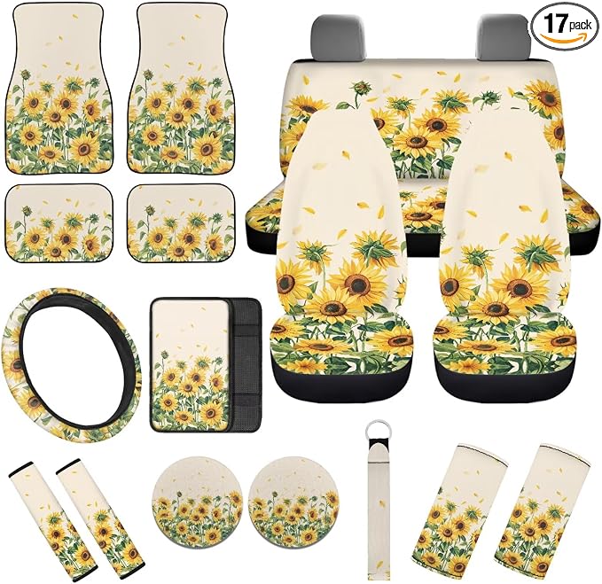 Sunflower Print 17 Pcs Car Seat Covers Full Seat with Floor Mats Car Seat Protectors Steering Wheel Cover Car Full Automotive Interior Decor