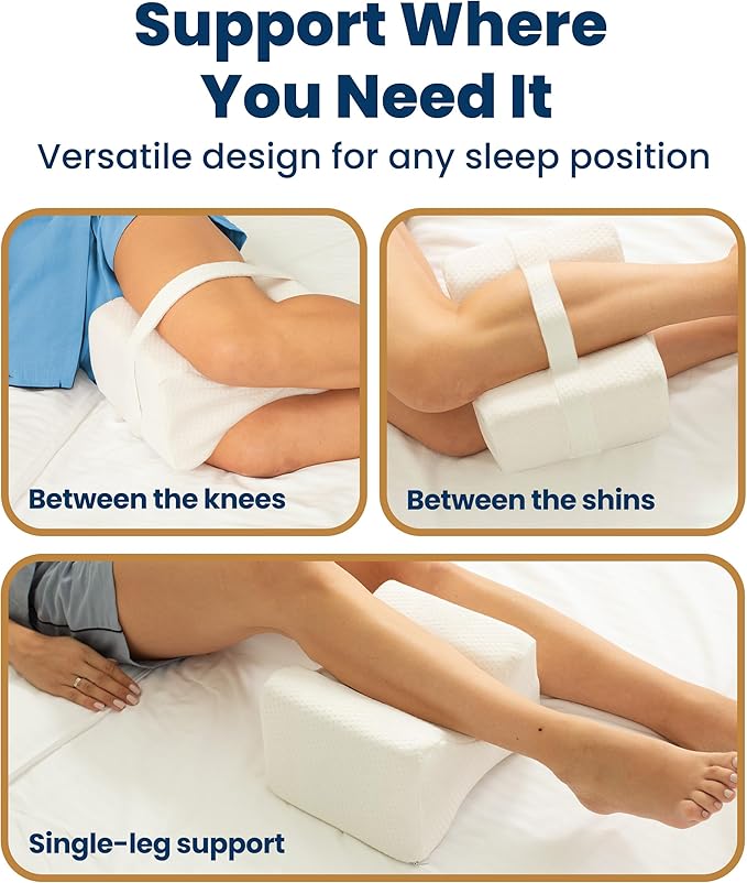 Everlasting Comfort Memory Foam Knee Pillow for Side Sleepers – Sciatica Pain Relief Pillow, Removable Strap Support – Leg Pillows for Sleeping Alignment, Knees, Back & Hip Cushion