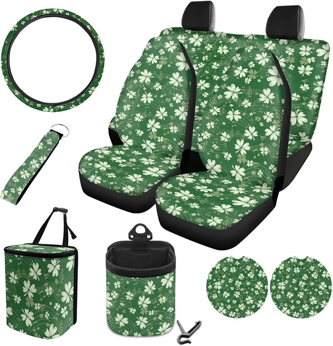 Shamrock Music Note Pattern 10 Pcs Car Seat Covers Full Sets Anti-Slip Steering Wheel Cover and Car Trash Bin with Car Air Vent Storage Cup Holders Lanyard Keychain for Automobile Interior