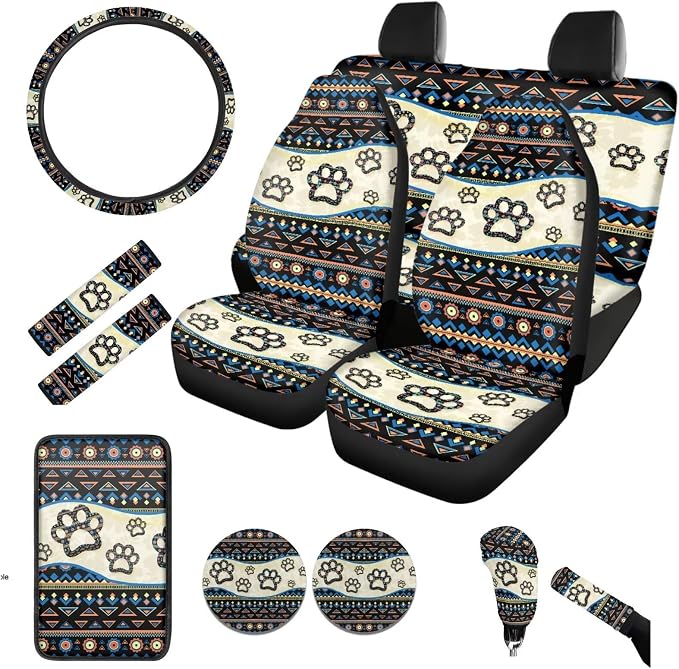 BIGCARJOB Southwest Tribal Paw Car Seat Covers Full Set,12 Pcs Cute Dog Paw Print Car Accessories Set with Auto Front Rear Seat Protector,Armrest Seat Box Cover Cushion,Cup Mats