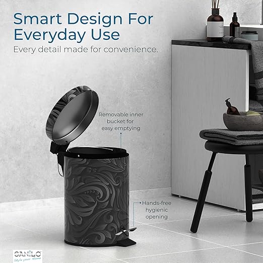 Sanilo Small Bathroom Trash Can with Lid [1.3 Gallon] - Lidded Tiny Trashcan for Garbage - Mini Metal Bin with Soft Closing Mechanism - Bath Room Accessoire Wastebin with Inner Bucket (Floral)
