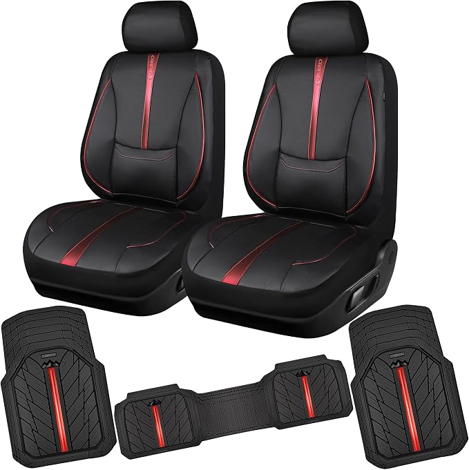 CAR PASS 3D Foam Support Red Leather Car Seat Covers Front Seats,Waterproof Faux Leather Front Seat Cover for Car,Universal Fit Anti-Slip for SUV Truck,Rubber Floor Mats for Cars