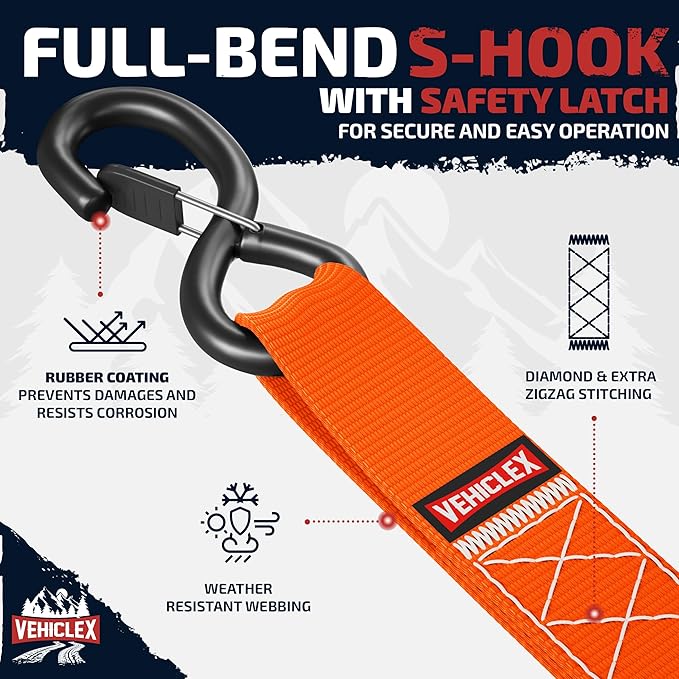 Vehiclex Motorcycle Ratchet Tie Down Straps with Soft Loops - 4PK Heavy Duty 1.5" x 8ft Kit, 4,400 lb Breaking Strength for Powersports, Orange