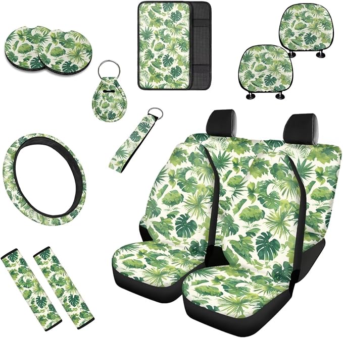 Monstera Universal Car Seat Covers 13 Set, Tropital Palm Leaf Car Accessories for Front Rear Seat Cover, Green Ocean Island Plants Steering Wheel Cover Seat Belt Pads