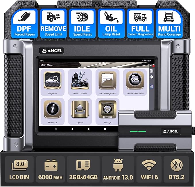 ANCEL HD8000 Heavy Duty Truck Diagnostic Scanner, Advanced Diesel Scanner with DPF Regen, Idle & Speed Limit Adjustment, Full-System ECU Diagnostics, Lifetime Free Updates