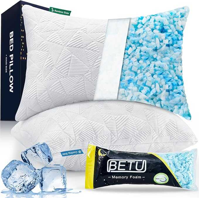 BETU Cooling Pillows Standard Size Set of 2, Shredded Memory Foam Standard Pillows Set of 2 for Hot Sleepers, Adjustable Firm Soft Support Pillow for Side, Back, Stomach Sleeping, White