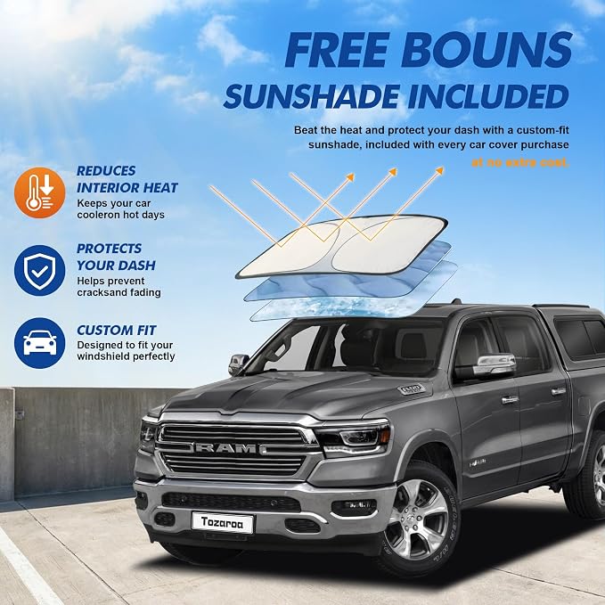 Car Cover Waterproof All-Weather,Heavy-Duty Outdoor Full Exterior Automobiles Snow Cover for Truck Cover with Camper Shell Topper 229-242 inch,with Windshield Sun Shade,Towel&Storage Bag
