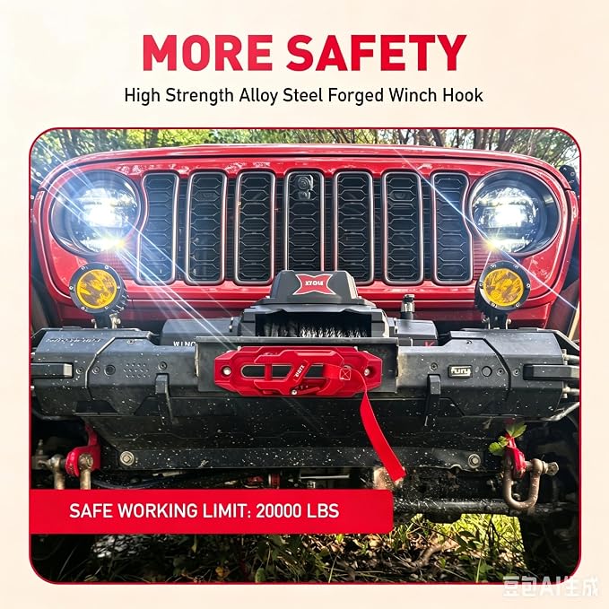 Winch Fairlead with Tow Hook, Red, 10 in. (254 mm) | Synthetic Rope Fairlead, Forged Winch Hook, 10000 lb. - 20000 lb Towing, For SUV Truck Trailer Jeep, Electric Winches