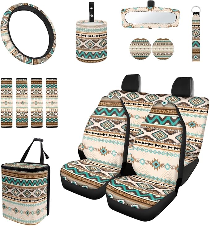 Boho Tribal Car Seat Covers Set of 15 with Universal Steering Wheel Cover, Rearview Mirror Cover, Car Trash Can, Seatbelt Pads, Cup Holder Coasters, Keychains