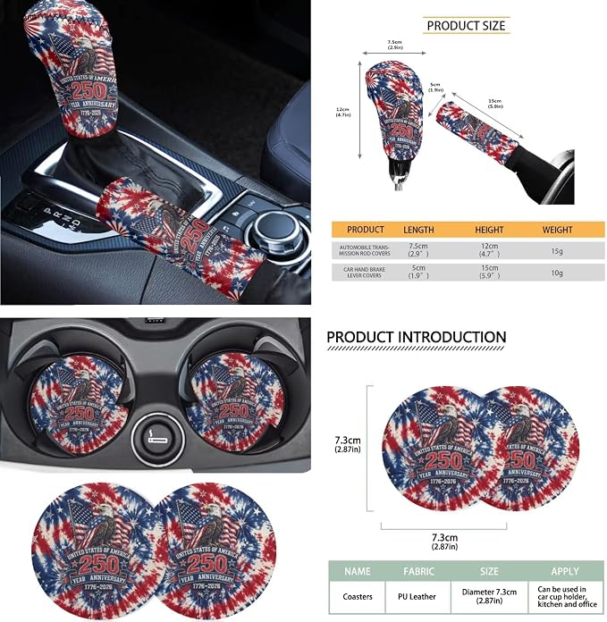 Eagle American Flag Print Car Front Rear Seat Covers Tie Dye Print Car Interior Covers Set Includes Steering Wheel Cover Safety Belt Pads Center Console Pad 250 Year Auto Decor